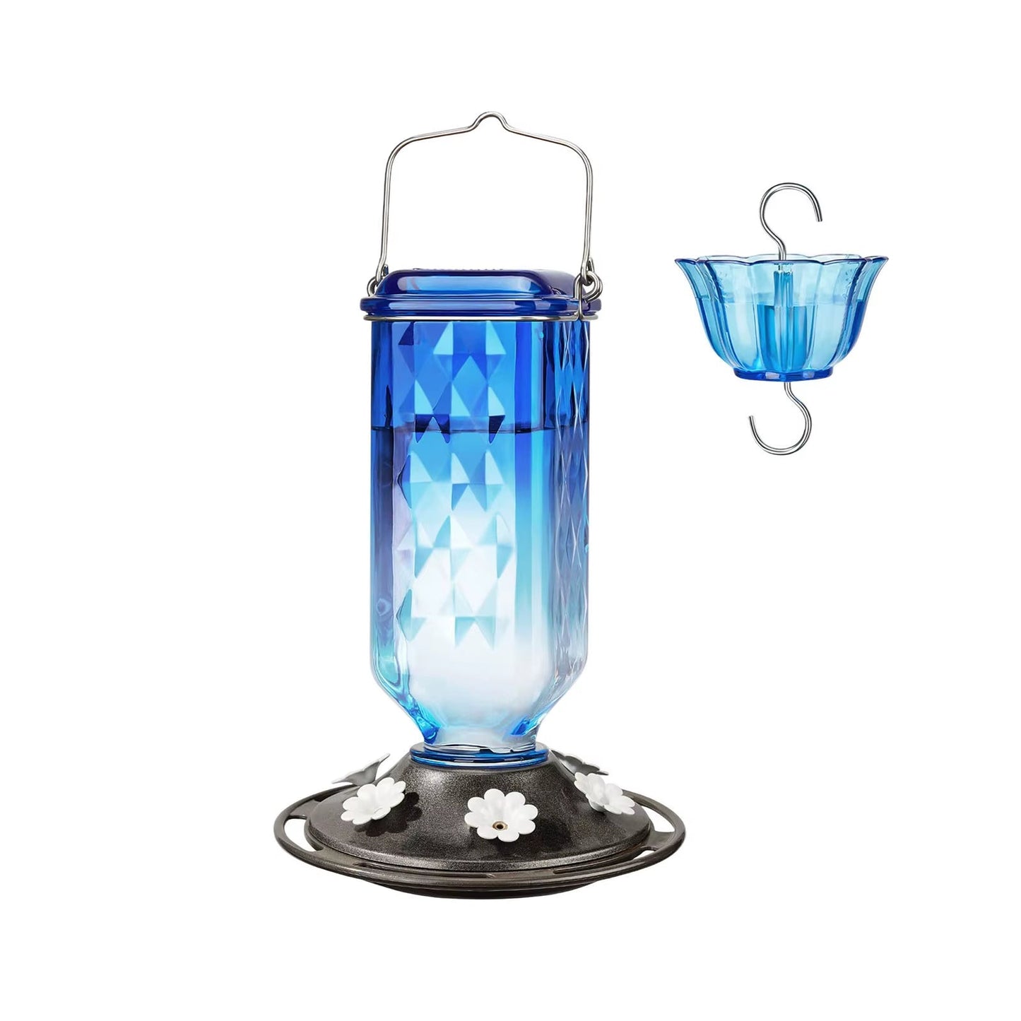 Glass Hummingbird Feeder , 6 Feeding Ports, Hanging Bird Nectar Feeder for Outdoors Garden Yard Décor, Ant Moat Included, Blue